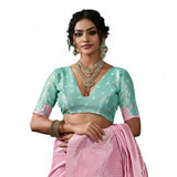 { "alt_text": "Pastel pink linen cotton printed saree with unstitched blouse, 5.5m, ethnic wear, Indian traditional clothing" }