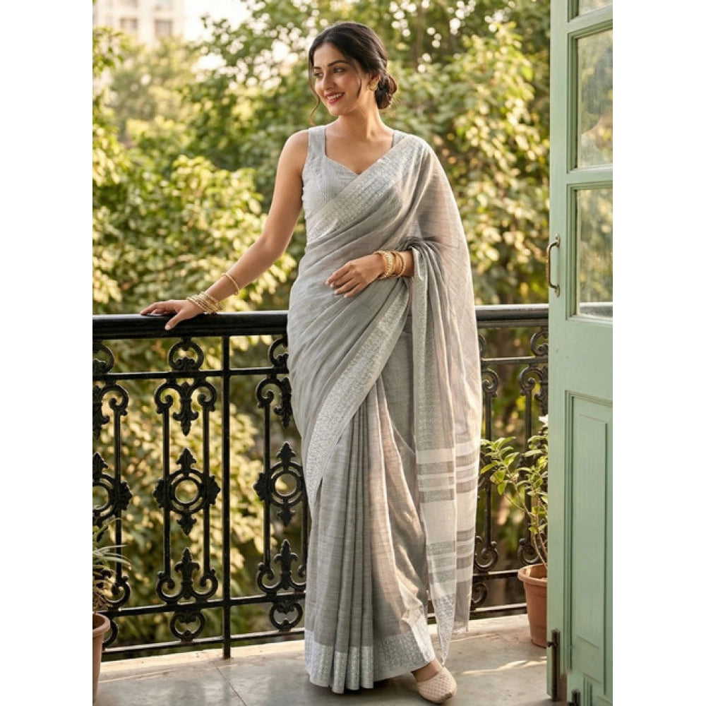 { "alt_text": "Gray linen striped saree with unstitched blouse, 5.5m linen fabric, traditional Indian ethnic wear" }