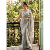 Women's Linen Striped Saree With Unstitched Blouse 5.5Mtr (Gray)