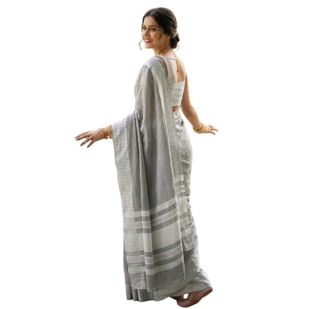 { "alt_text": "Gray linen striped saree with unstitched blouse, 5.5m linen fabric, traditional Indian ethnic wear" }