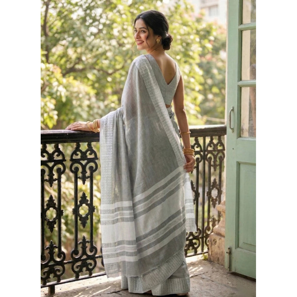 { "alt_text": "Gray linen striped saree with unstitched blouse, 5.5m linen ethnic wear for women" }