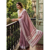 { "alt_text": "Magenta linen striped saree with unstitched blouse, 5.5m linen fabric, traditional Indian ethnic wear" }