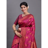 { "alt_text": "Magenta silk printed saree with unstitched blouse, 5.5Mtr, traditional Indian ethnic wear" }