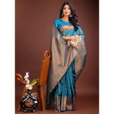 { "alt_text": "Blue Banarasi silk saree printed women's ethnic wear, 5.5m unstitched blouse, traditional Indian fashion" }