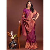 { "alt_text": "Purple Banarasi silk saree printed ethnic wear, 5.5m unstitched blouse, traditional Indian wedding attire" }