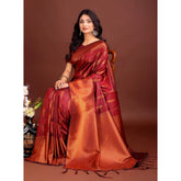{ "alt_text": "Maroon Banarasi silk saree printed ethnic wear, 5.5m unstitched blouse, traditional Indian wedding attire" }