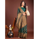 { "alt_text": "Green Banarasi silk saree printed ethnic wear, 5.5m unstitched blouse, traditional Indian wedding attire" }