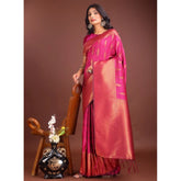 { "alt_text": "Magenta Banarasi silk saree printed ethnic wear, 5.5m unstitched blouse, traditional Indian wedding attire" }
