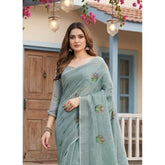 { "alt_text": "Sea Green linen embroidered saree with unstitched blouse, 5.5Mtr, ethnic wear fashion" }