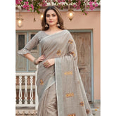 { "alt_text": "Light beige linen embroidered saree with unstitched blouse, 5.5m linen ethnic wear for women" }