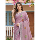 { "alt_text": "Light purple linen embroidered saree with unstitched blouse, 5.5m linen ethnic wear for women" }