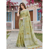 { "alt_text": "Light green linen embroidered saree with unstitched blouse, 5.5m linen ethnic wear for women" }