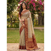 { "alt_text": "Multicolor cotton printed saree with unstitched blouse, 5.5Mtr ethnic wear, traditional Indian clothing" }