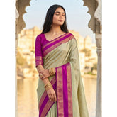 { "alt_text": "Light green-pink silk blend printed saree with unstitched blouse, 5.5mtr ethnic wear, Indian fashion" }