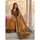 { "alt_text": "Mustard-brown silk blend printed saree with unstitched blouse, 5.5Mtr ethnic wear for women" }