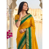 { "alt_text": "Yellow-green silk blend printed saree with unstitched blouse, 5.5Mtr ethnic wear, Indian traditional clothing" }