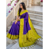 { "alt_text": "Purple-green silk blend printed saree with unstitched blouse, 5.5Mtr ethnic wear, Indian traditional clothing" }