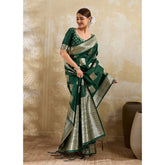 { "alt_text": "Dark green silk blend printed saree with unstitched blouse, 5.5m, ethnic wear fashion" }