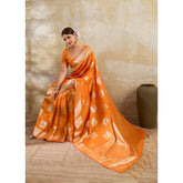 { "alt_text": "Orange silk blend printed saree with unstitched blouse, 5.5Mtr, ethnic wear fashion" }