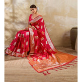 { "alt_text": "Red silk blend printed saree with unstitched blouse, 5.5Mtr, ethnic wear fashion fabric" }