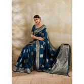 { "alt_text": "Teal blue silk blend printed saree with unstitched blouse, 5.5Mtr ethnic wear, Indian traditional clothing" }