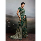 { "alt_text": "Bottle green silk blend printed saree with unstitched blouse, 5.5 meter ethnic wear for women" }