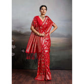 { "alt_text": "Red silk blend printed saree with unstitched blouse, 5.5Mtr, ethnic wear fashion" }