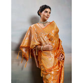 { "alt_text": "Orange silk blend printed saree with unstitched blouse, 5.5Mtr, ethnic wear fashion" }