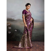 { "alt_text": "Wine silk blend printed saree with unstitched blouse, 5.5Mtr, ethnic wear fashion" }