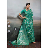 { "alt_text": "Rama Green silk blend printed saree with unstitched blouse, 5.5Mtr, ethnic wear fashion" }