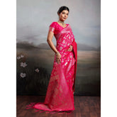 { "alt_text": "Pink silk blend printed saree with unstitched blouse, 5.5Mtr, ethnic wear, Indian traditional clothing" }