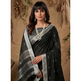 { "alt_text": "Black linen cotton printed saree with unstitched blouse, 5.5Mtr, ethnic wear, traditional Indian clothing" }