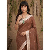 { "alt_text": "Brown linen cotton printed saree with unstitched blouse, 5.5Mtr, ethnic wear, Indian traditional clothing" }