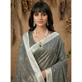 { "alt_text": "Gray linen cotton printed saree with unstitched blouse, 5.5Mtr, ethnic wear, Indian traditional clothing" }