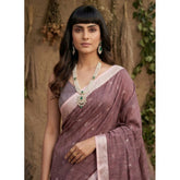 { "alt_text": "Purple linen cotton printed saree with unstitched blouse, 5.5Mtr, ethnic wear for women" }