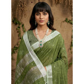 { "alt_text": "Green linen cotton printed saree with unstitched blouse, 5.5Mtr, ethnic wear, traditional Indian clothing" }