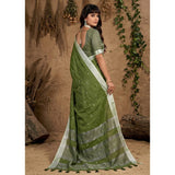 Women's Linen Cotton Printed Saree With Unstitched Blouse 5.5Mtr (Green)