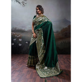 { "alt_text": "Dark green silk blend printed saree with unstitched blouse, 5.5m, ethnic wear fashion" }
