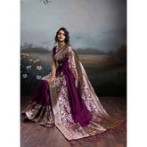 { "alt_text": "Wine silk blend printed saree with unstitched blouse, 5.5Mtr, ethnic wear fashion" }