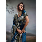 { "alt_text": "Navy blue silk blend printed saree with unstitched blouse, 5.5m, ethnic wear, Indian fashion" }