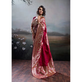 { "alt_text": "Maroon silk blend printed saree with unstitched blouse, 5.5Mtr, ethnic wear fashion" }