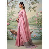{ "alt_text": "Baby pink tissue silk saree with unstitched blouse, solid design, 5.5 meter ethnic wear for women" }