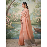 { "alt_text": "Peach tissue silk saree with unstitched blouse, solid design, 5.5 meter ethnic wear for women" }