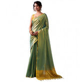 { "alt_text": "Light green tissue silk saree with unstitched blouse, solid design, 5.5 meter ethnic wear for women" }