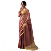 { "alt_text": "Purple tissue silk saree with unstitched blouse, solid design, 5.5 meter ethnic wear for women" }