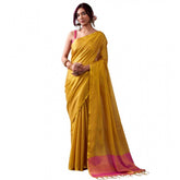 { "alt_text": "Yellow tissue silk saree with unstitched blouse, solid design, 5.5 meter ethnic wear for women" }