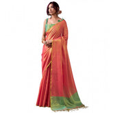 { "alt_text": "Peach tissue silk saree with unstitched blouse, solid design, 5.5 meter ethnic wear for women" }