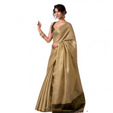 { "alt_text": "Gold tissue silk saree with unstitched blouse, solid women's ethnic wear, 5.5 meter traditional Indian attire" }