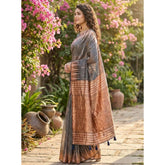 { "alt_text": "Grey linen cotton printed saree with unstitched blouse, 5.5Mtr, ethnic wear, Indian traditional clothing" }
