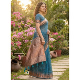 { "alt_text": "Blue linen cotton printed saree with unstitched blouse, 5.5Mtr, ethnic wear, traditional Indian clothing" }